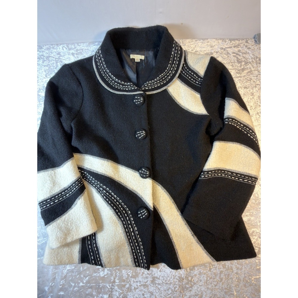 Carson Womens L 100% Wool Blazer Jacket Black Ivory Colorblock Embroidered